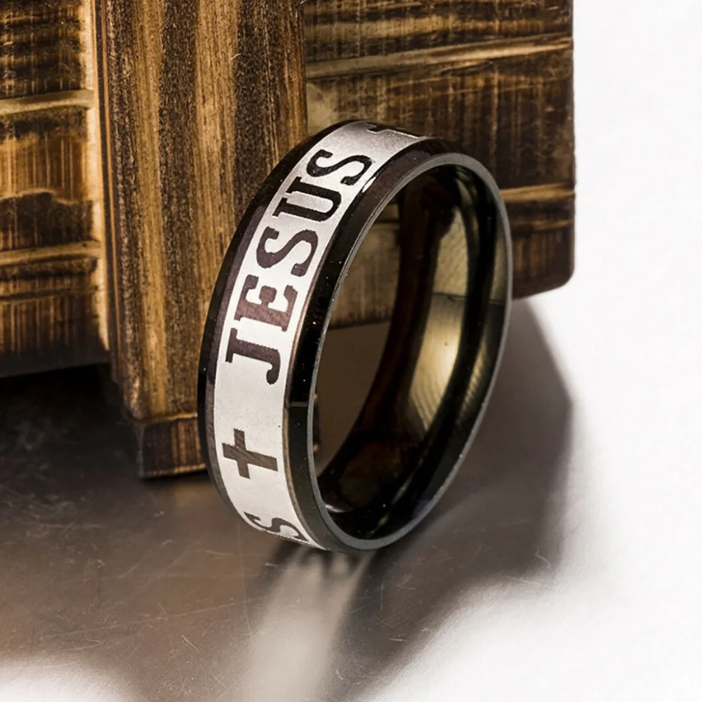 Jesus Cross Prayer Ring Stainless Black And Silver Band!